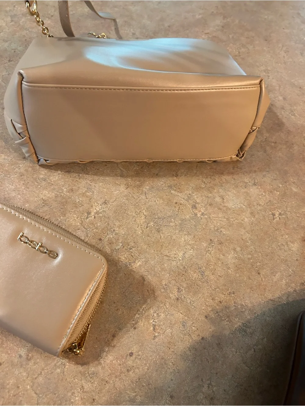 bebe Woven Satchel and Zip Wallet in Nude Beige with crossbody strap
